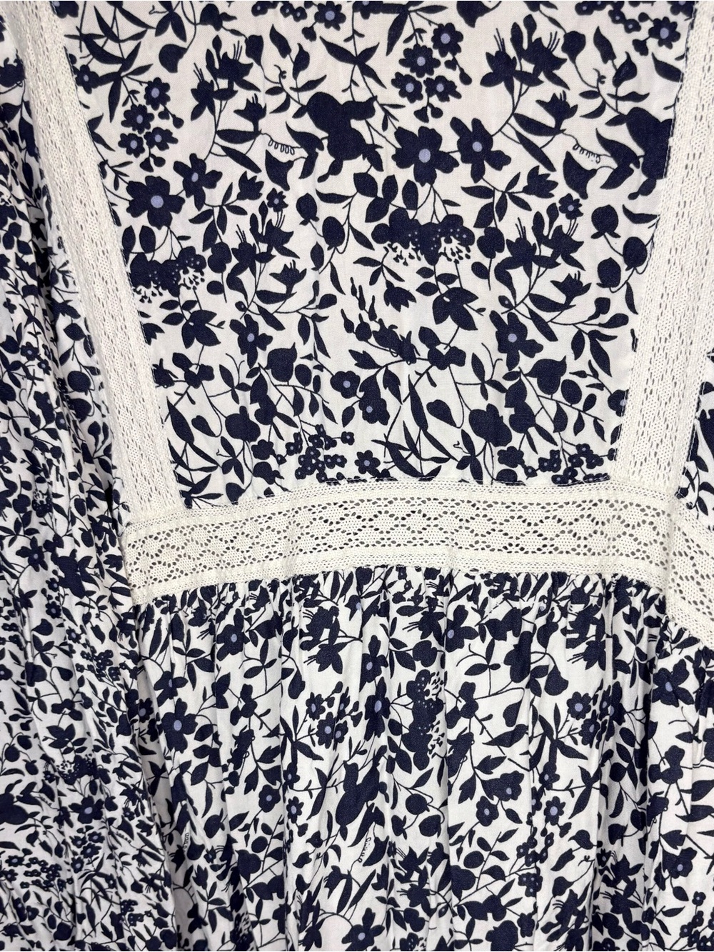Attic Salt Navy & White Floral Lace-Trim Maxi Dress Cottagecore BoHo Prairie - Picture 3 of 7